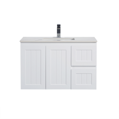 Ceto Acacia 900mm Right Hand Drawer Wall Hung Vanity Matte White (Ceramic Top) - Sydney Home Centre