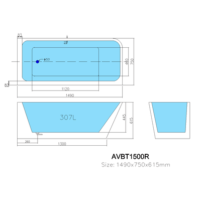 Poseidon Avis Right Corner Back To Wall 1500mm Gloss White Bathtub - Sydney Home Centre