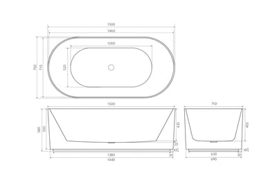 Ceto Ally Groove Oval 1500mm Free Standing No Overflow Bathtub Gloss White - Sydney Home Centre