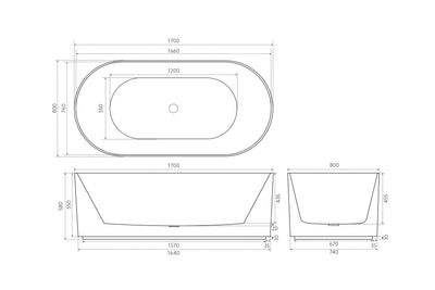 Ceto Ally Groove Oval 1700mm Free Standing No Overflow Bathtub Matte White - Sydney Home Centre