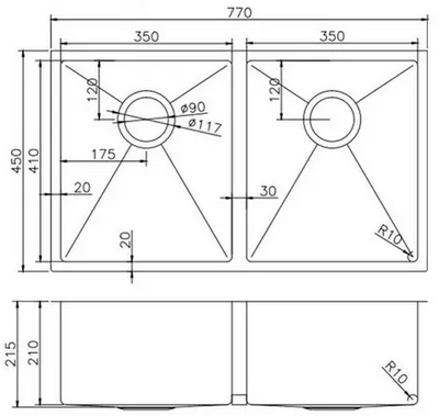 Aguzzo Stainless Steel Kitchen Sink 770mm Double Bowl Top/Under Mount Gunmetal Grey - Sydney Home Centre