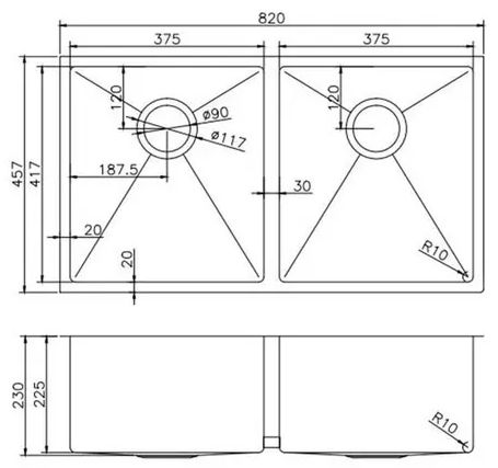 Aguzzo Stainless Steel Kitchen Sink 820mm Double Bowl Top/Under Mount Gunmetal Grey - Sydney Home Centre