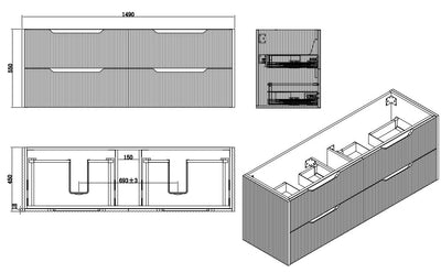 Riva Bali 1500mm Matte White Double Bowl Wall Hung Vanity (Cabinet Only) - Sydney Home Centre