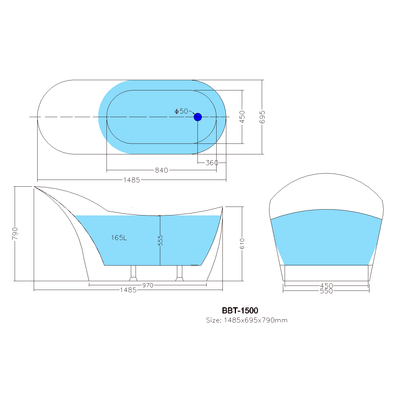 Poseidon Bevel Free Standing 1500mm Gloss White Bathtub - Sydney Home Centre