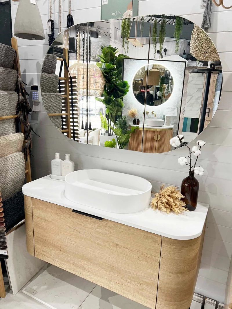 Otti Bondi 1200mm Curve Vanity Natural Oak (Natural Marble Top) - WHILE STOCK LASTS - Sydney Home Centre