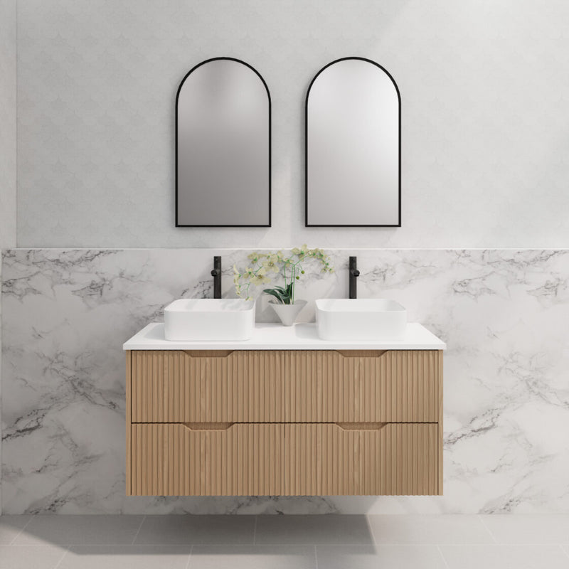 Riva Bali 1200mm American Oak Double Bowl Wall Hung Vanity (Carrara Stone top) - Sydney Home Centre