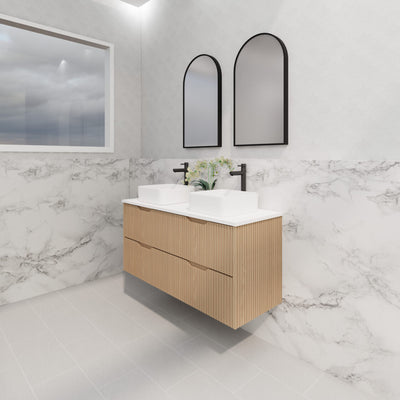 Riva Bali 1200mm American Oak Double Bowl Wall Hung Vanity (Carrara Stone top) - Sydney Home Centre