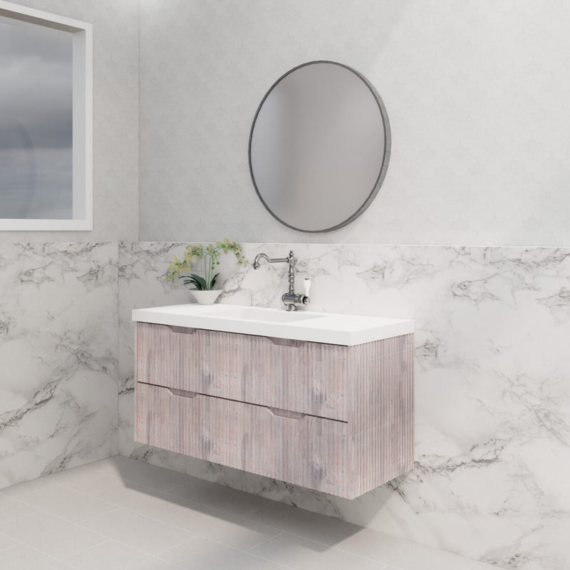 Riva Bali 1200mm White Oak Single Bowl Wall Hung Vanity (Volvo Polymarble Top) - Sydney Home Centre