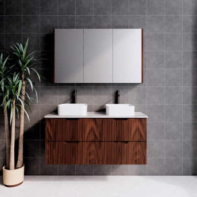 Riva Bali 1200mm Brown Oak Double Bowl Wall Hung Vanity (Carrara Stone top) - Sydney Home Centre