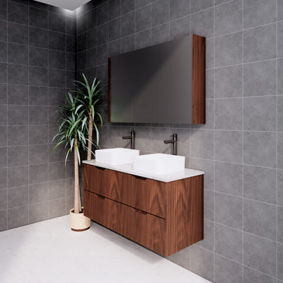 Riva Bali 1200mm Brown Oak Double Bowl Wall Hung Vanity (Carrara Stone top) - Sydney Home Centre