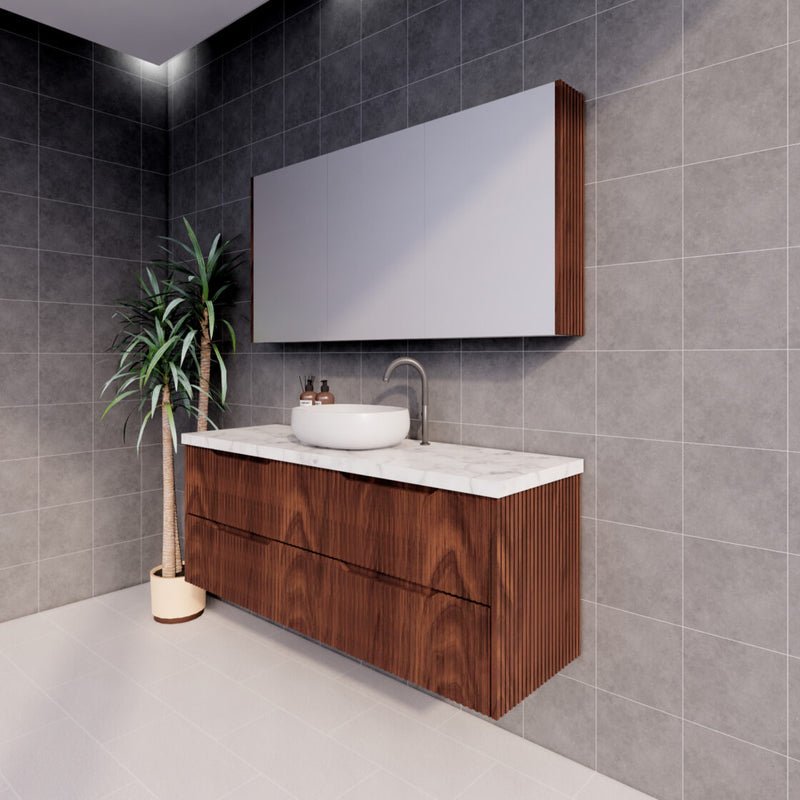 Riva Bali 1500mm Brown Oak Single Bowl Wall Hung Vanity (Carrara Stone top) - Sydney Home Centre