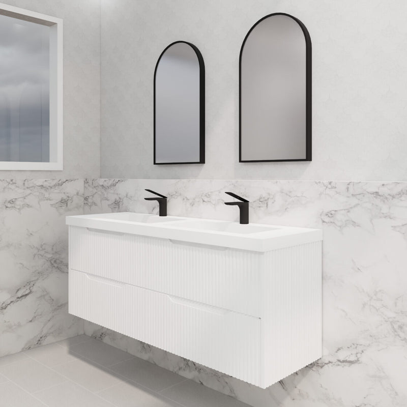 Riva Bali 1500mm Matte White Double Bowl Wall Hung Vanity (Carrara Stone top) - Sydney Home Centre