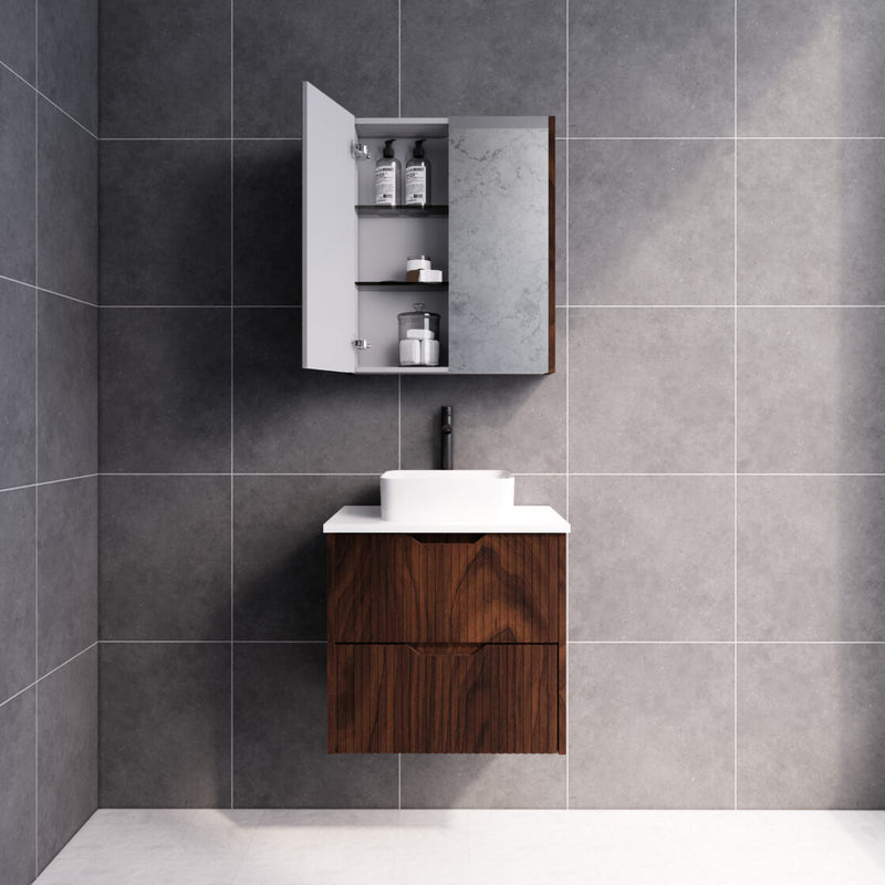 Riva Bali 600mm Brown Oak Single Bowl Wall Hung Vanity (Carrara Stone top) - Sydney Home Centre