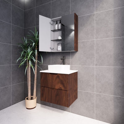 Riva Bali 600mm Brown Oak Single Bowl Wall Hung Vanity (Carrara Stone top) - Sydney Home Centre