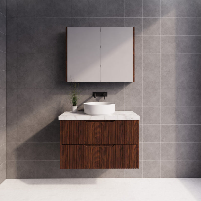 Riva Bali 900mm Brown Oak Single Bowl Wall Hung Vanity (Carrara Stone top) - Sydney Home Centre