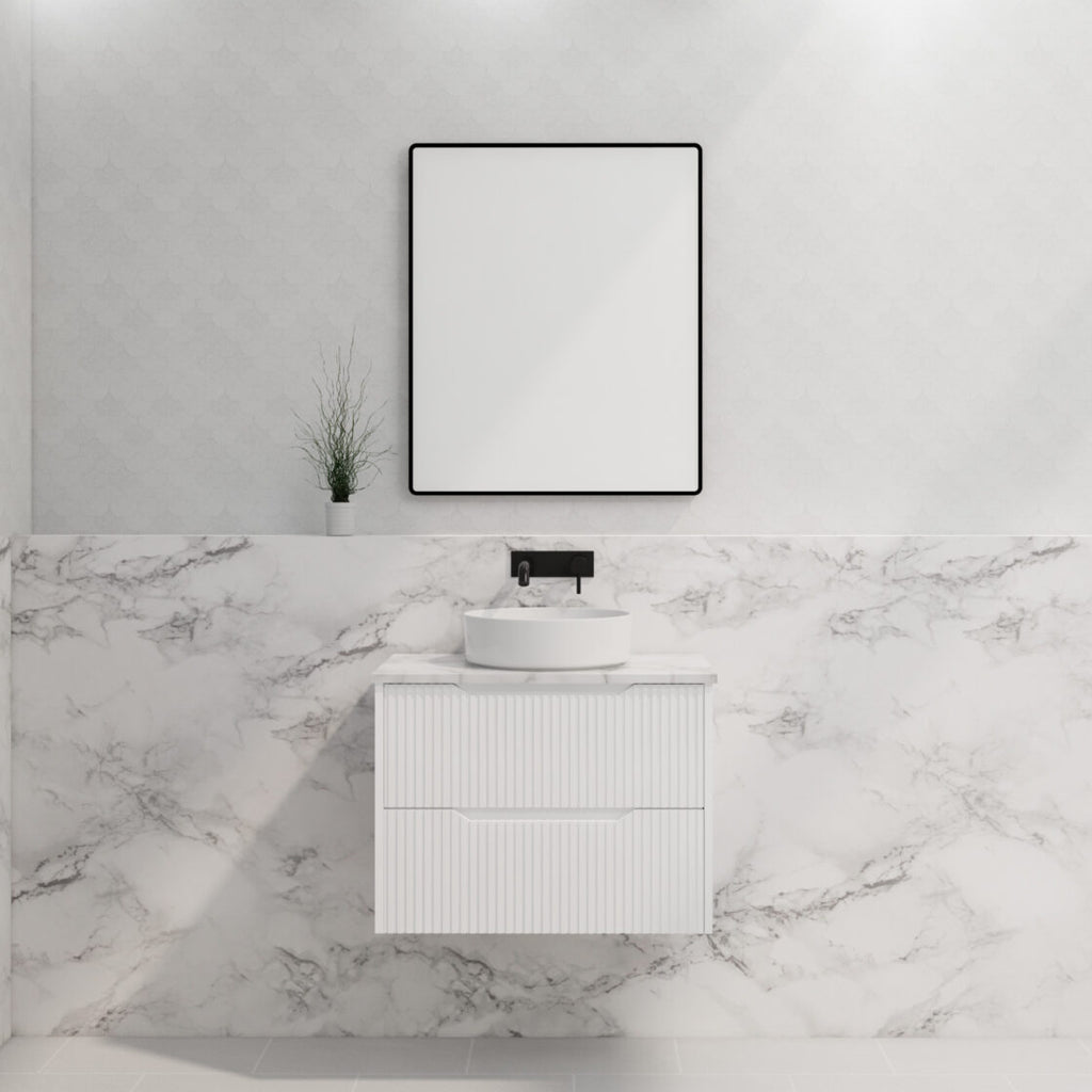 Riva Bali 750mm Matte White Single Bowl Wall Hung Vanity (Carrara Stone ...