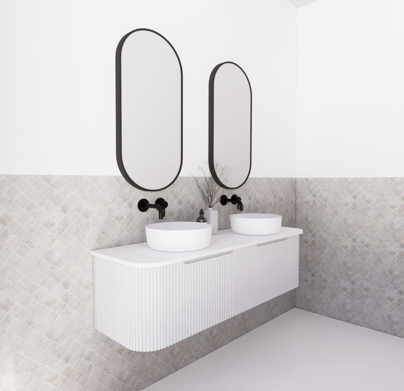 Riva Bergen 1500mm Matte White Double Bowl Wall Hung Vanity (Carrara Stone Top) - Sydney Home Centre