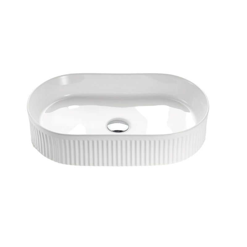 Ceto Cascade Fluted Oval 580mm Above Counter Basin Non Overflow Gloss White - Sydney Home Centre