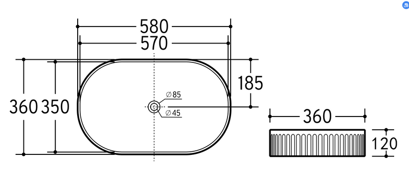 Ceto Cascade Fluted Oval 580mm Above Counter Basin Non Overflow Matte White - Sydney Home Centre