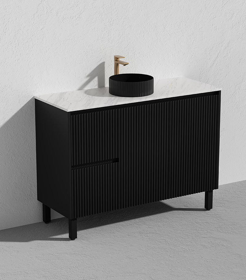 Ceto Brighton 1200mm Left Hand Drawer Freestanding Vanity Matte Black (Marble Stone Top) - Sydney Home Centre