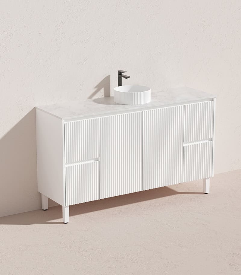 Ceto Brighton 1500mm Both Side Drawer Single Bowl Freestanding Vanity Matte White (Marble Stone Top) - Sydney Home Centre