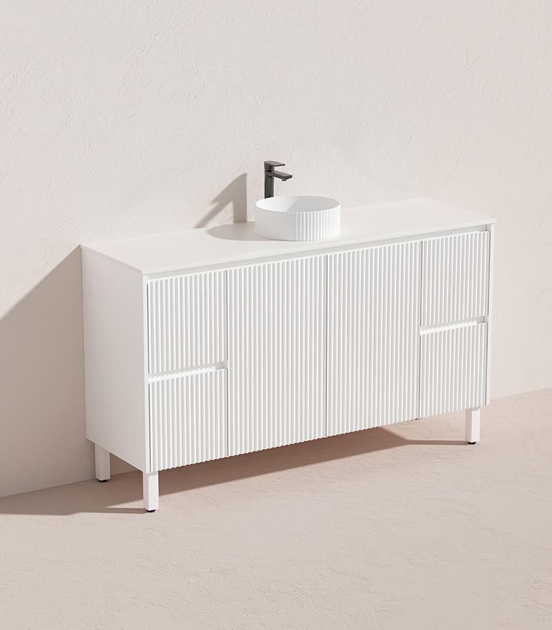 Ceto Brighton 1500mm Both Side Drawer Single Bowl Freestanding Vanity Matte White (Marble Stone Top) - Sydney Home Centre