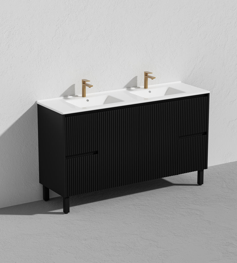 Ceto Brighton 1500mm Both Side Drawer Double Bowl Freestanding Vanity Matte Black (Ceramic Top) - Sydney Home Centre