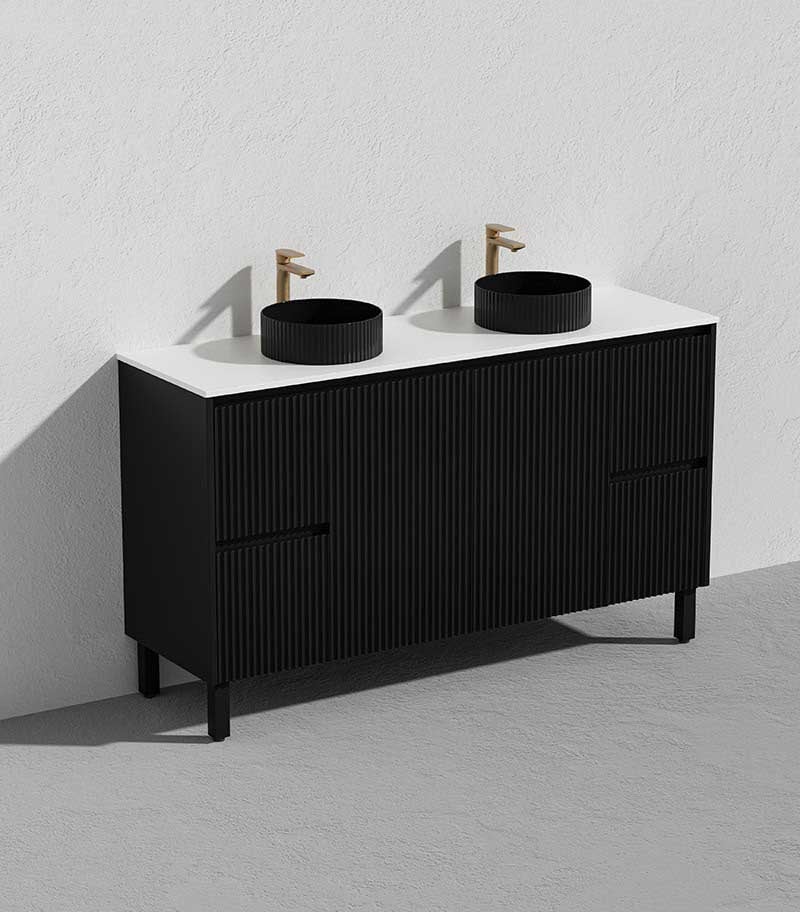 Ceto Brighton 1500mm Both Side Drawer Double Bowl Freestanding Vanity Matte Black (Quartz Stone Top) - Sydney Home Centre