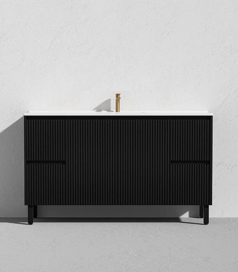 Ceto Brighton 1500mm Both Side Drawer Single Bowl Freestanding Vanity Matte Black (Quartz Stone Top) - Sydney Home Centre