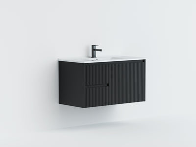 Ceto Brindabella 750mm Left Hand Drawer Wall Hung Vanity Matte Black (Ceramic Top) - Sydney Home Centre