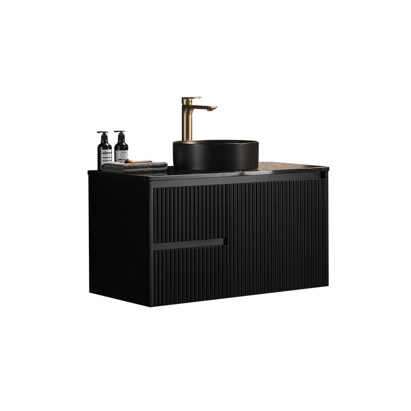 Ceto Brindabella 900mm Left Hand Drawer Wall Hung Vanity Matte Black (Quartz Stone Top) - Sydney Home Centre