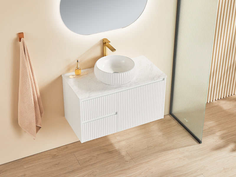 Ceto Brindabella 900mm Left Hand Drawer Wall Hung Vanity Matte White (Marble Stone Top) - Sydney Home Centre