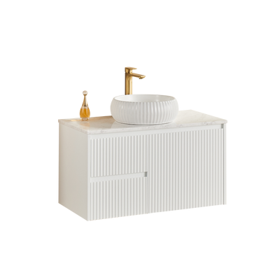 Ceto Brindabella 900mm Left Hand Drawer Wall Hung Vanity Matte White (Quartz Stone Top) - Sydney Home Centre