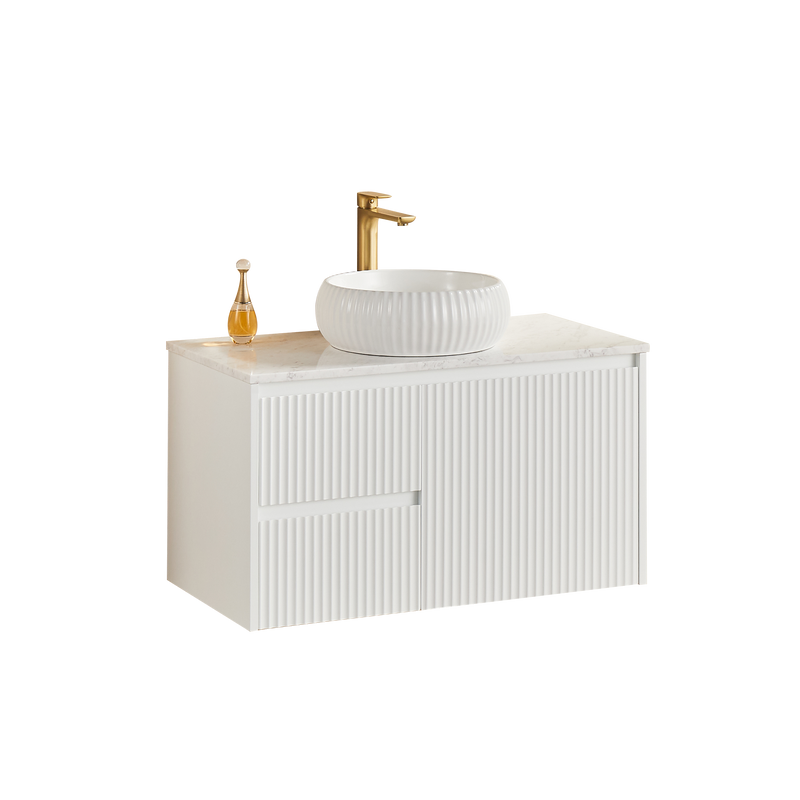 Ceto Brindabella 900mm Left Hand Drawer Wall Hung Vanity Matte White (Quartz Stone Top) - Sydney Home Centre