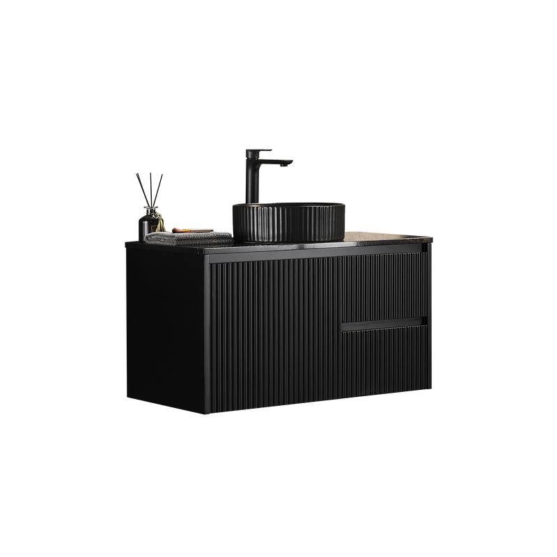 Ceto Brindabella 900mm Right Hand Drawer Wall Hung Vanity Matte Black (Quartz Stone Top) - Sydney Home Centre