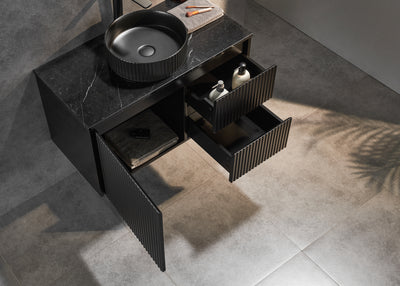 Ceto Brindabella 900mm Right Hand Drawer Wall Hung Vanity Matte Black (Marble Stone Top) - Sydney Home Centre