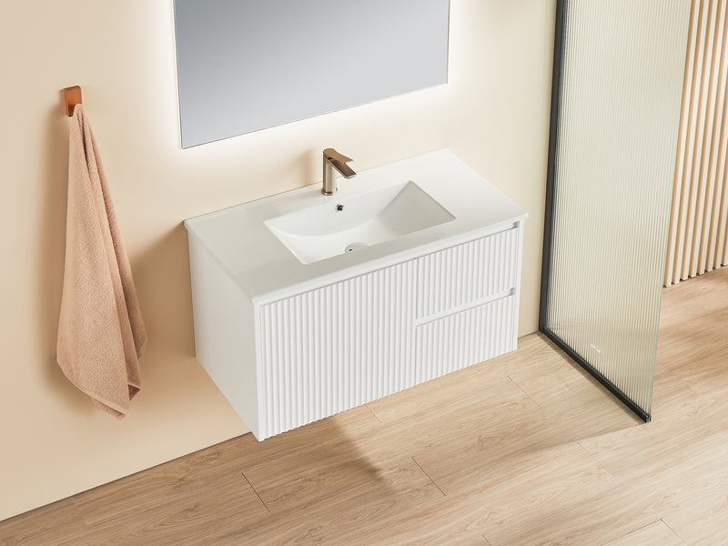 Ceto Brindabella 900mm Right Hand Drawer Wall Hung Vanity Matte White (Ceramic Top) - Sydney Home Centre