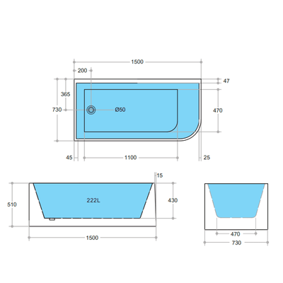 Poseidon Corner Left Corner Back To Wall 1500mm x 510mm Bathtub - Sydney Home Centre