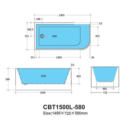 Poseidon Corner Left Corner Back To Wall 1500mm x 580mm Bathtub - Sydney Home Centre