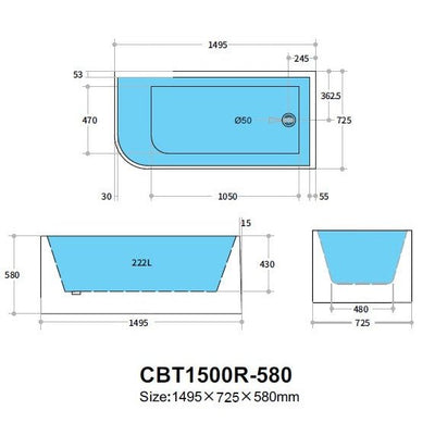 Poseidon Right Corner Back To Wall 1500mm x 580mm Bathtub - Sydney Home Centre