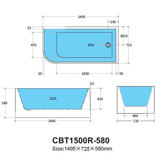 Poseidon Right Corner Back To Wall 1500mm x 580mm Bathtub - Sydney Home Centre