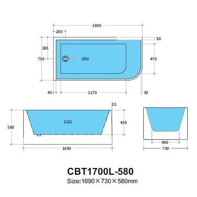 Poseidon Left Corner Back To Wall 1700mm x 580mm Bathtub - Sydney Home Centre