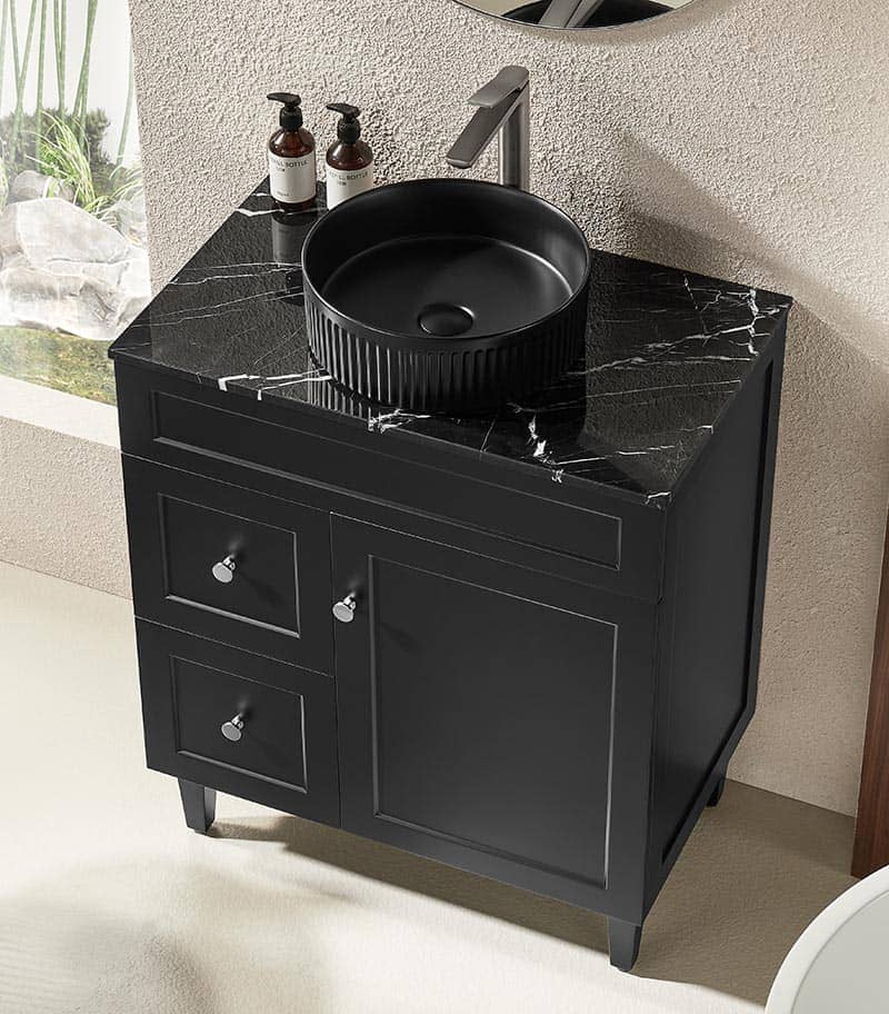 Ceto Harrington 750mm Left Hand Drawer Freestanding Vanity Matte Black (Marble Stone Top) - Sydney Home Centre