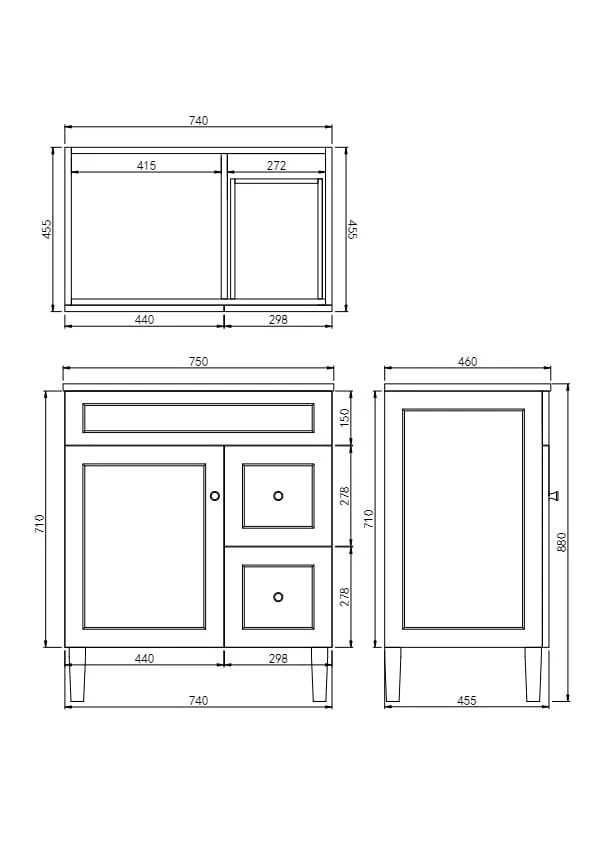 Ceto Harrington 750mm Right Hand Drawer Freestanding Vanity Matte White (Marble Stone Top) - Sydney Home Centre