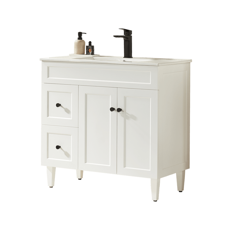 Ceto Harrington 900mm Left Hand Drawer Freestanding Vanity Matte White (Ceramic Top) - Sydney Home Centre