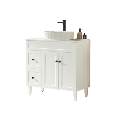 Ceto Harrington 900mm Left Hand Drawer Freestanding Vanity Matte White (Marble Stone Top) - Sydney Home Centre