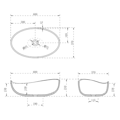 Poseidon Wave Oval 600mm Artificial Stone Above Counter Basin Non Overflow Gloss White - Sydney Home Centre