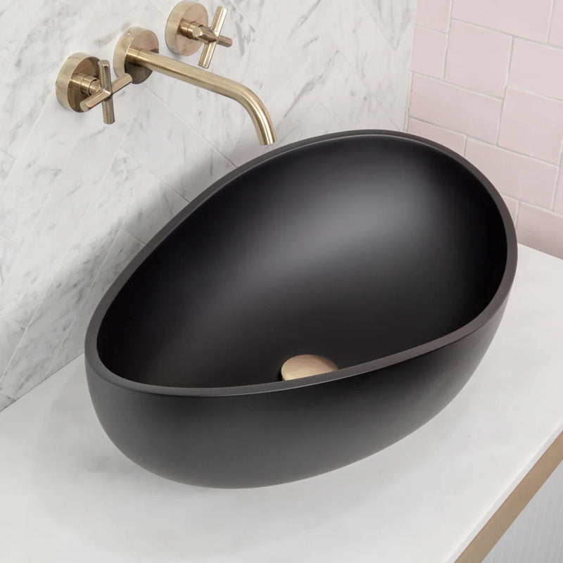 Poseidon Wave Oval 600mm Artificial Stone Above Counter Basin Non Overflow Matte Black - Sydney Home Centre