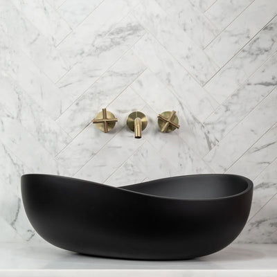 Poseidon Wave Oval 600mm Artificial Stone Above Counter Basin Non Overflow Matte Black - Sydney Home Centre