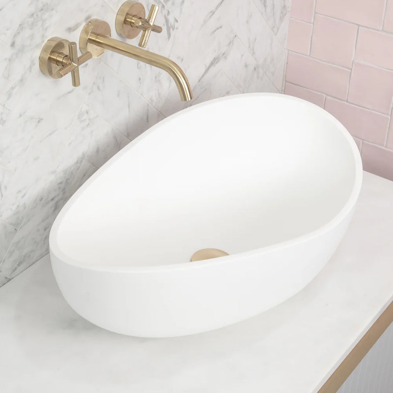 Poseidon Wave Oval 600mm Artificial Stone Above Counter Basin Non Overflow Gloss White - Sydney Home Centre